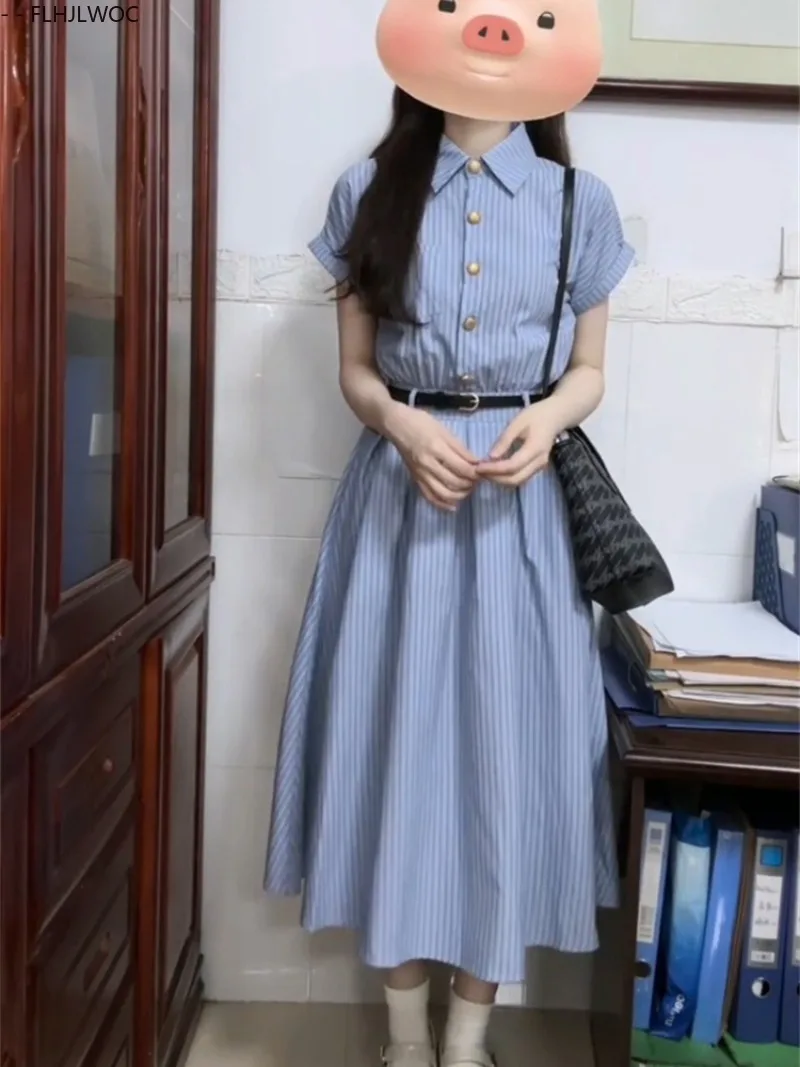 Blue Striped Shirt Dresses New Design Y2K Sweet Girls Women Summer Short Sleeve Preppy Style Retro Vintage Long Dress With Belt