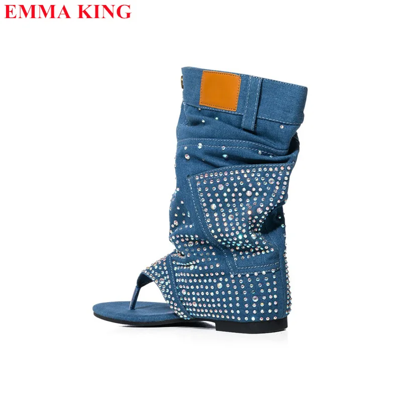 2023 Summer Denim Crystal Sandals Boots Fashion Rhinestone Split Toe Ankle Boots For Women New Designer Flat Short Booties Women