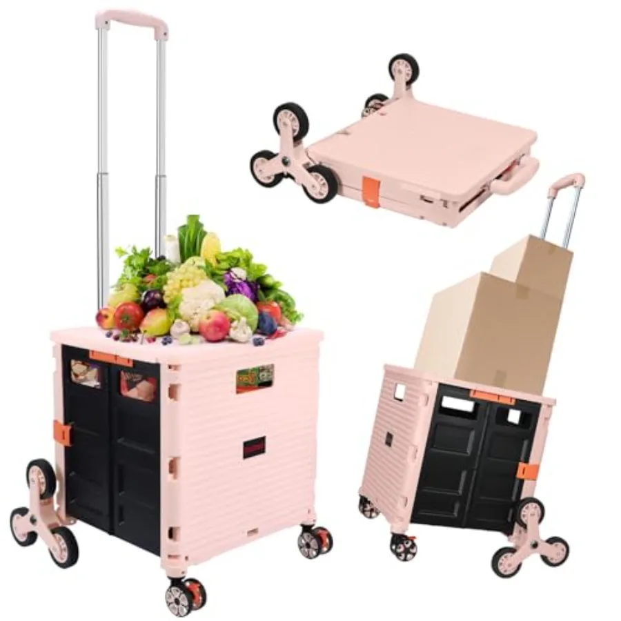 

Foldable Utility Cart Collapsible Crate Rolling Carts with Stair Climbing Wheels Rolling Tote Basket Teacher Cart with Lid Wear