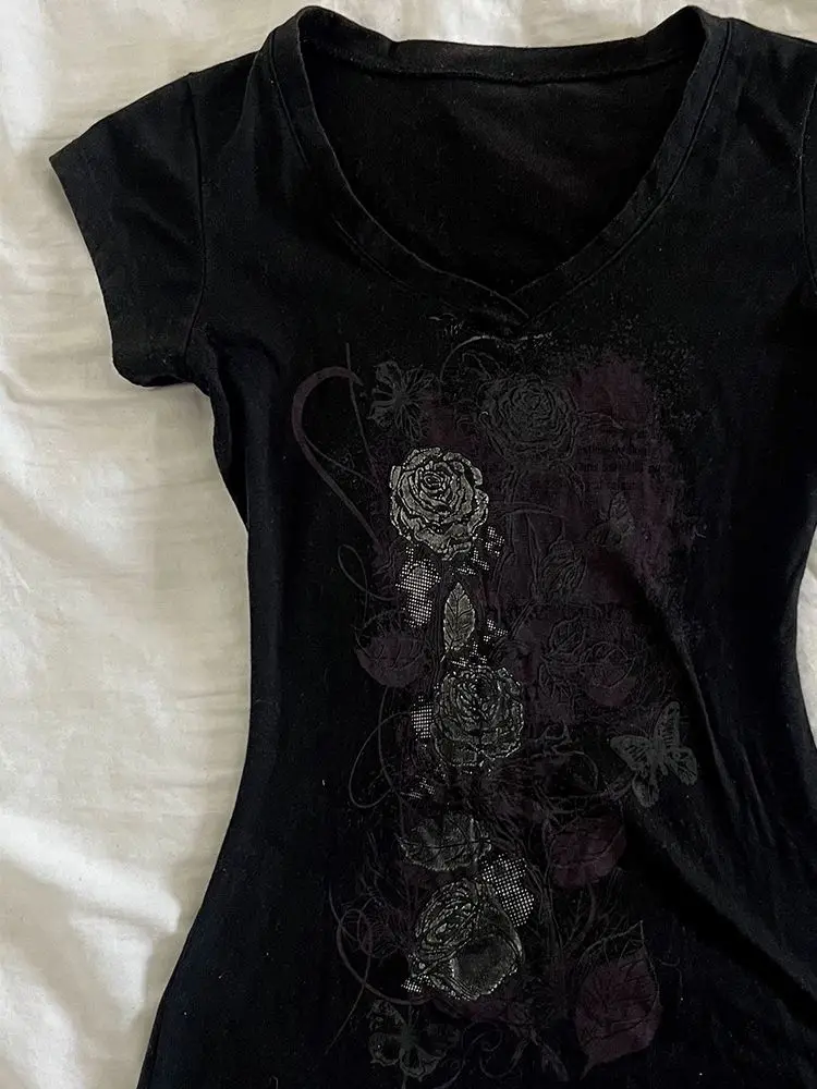 Y2k خمر زهرة الجرافيك مطبوعة قصيرة الأكمام س الرقبة تي شيرت أساسيات الصيف الشارع الشهير عادية سليم المناسب ملابس الشارع الشهير