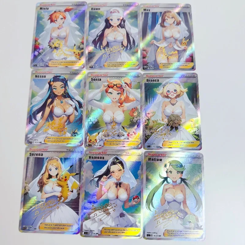 Pokémon PTCG Flash Cards, Elesa, Marnie Rose, Vestido de Noiva, Self Made Refraction, Anime Classics Game, Coleção Cartões, Brinquedo, 9Pcs Set