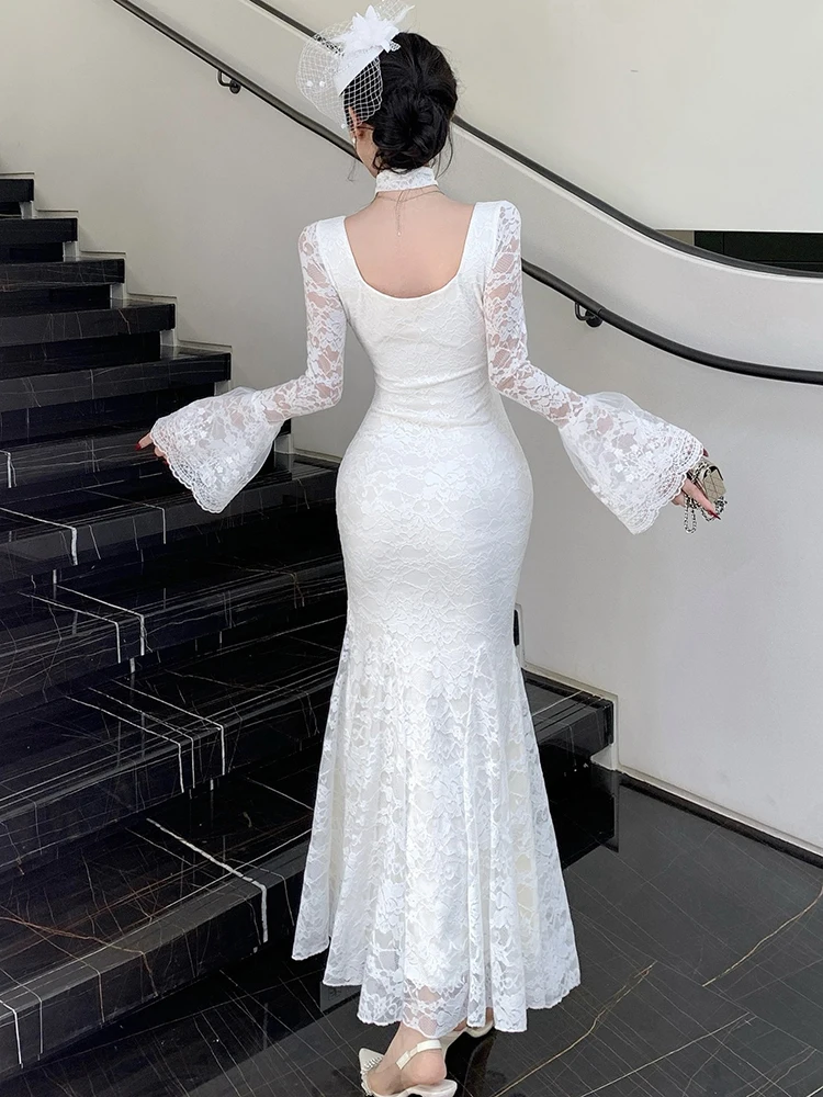 Herbst Winter Weiße Spitze Jacquard Flare Hülse Langes Kleid Frauen Elegante Bogen Quadrat Kragen Prom Kleid 2025, Koreanische Luxus Vestidos