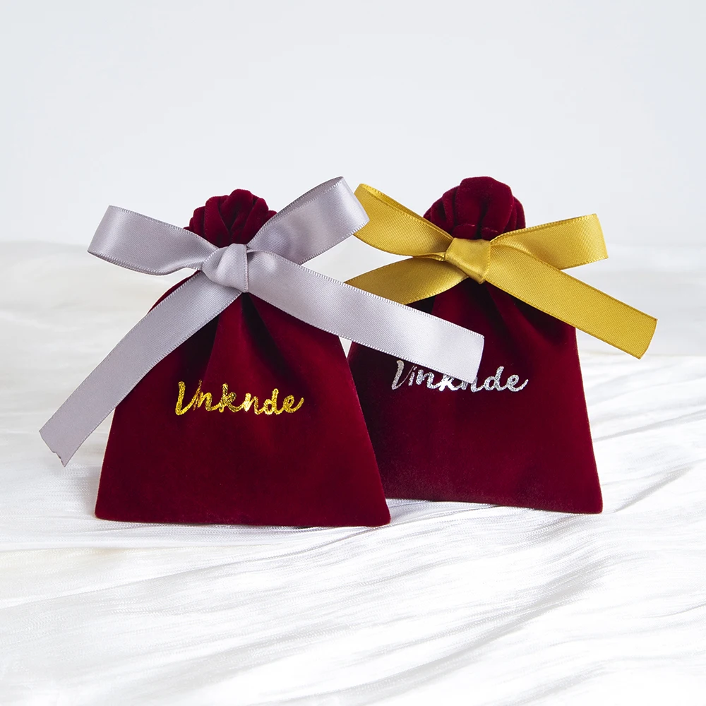 Custom Logo Luxurious Maroon Velvet Drawstring Pouches with Elegant Graceful Silver Gold Ribbon Bows Exquisite Jewelry Packaging