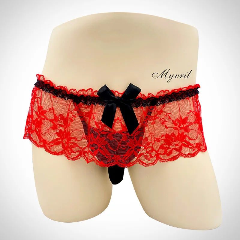 

Sissy Pouch Panties Gay Mens Sexy Lace See Through Underwear Femboy Bow Low Rise Lingerie T-Back Mini Skirt Thong Girly G-String