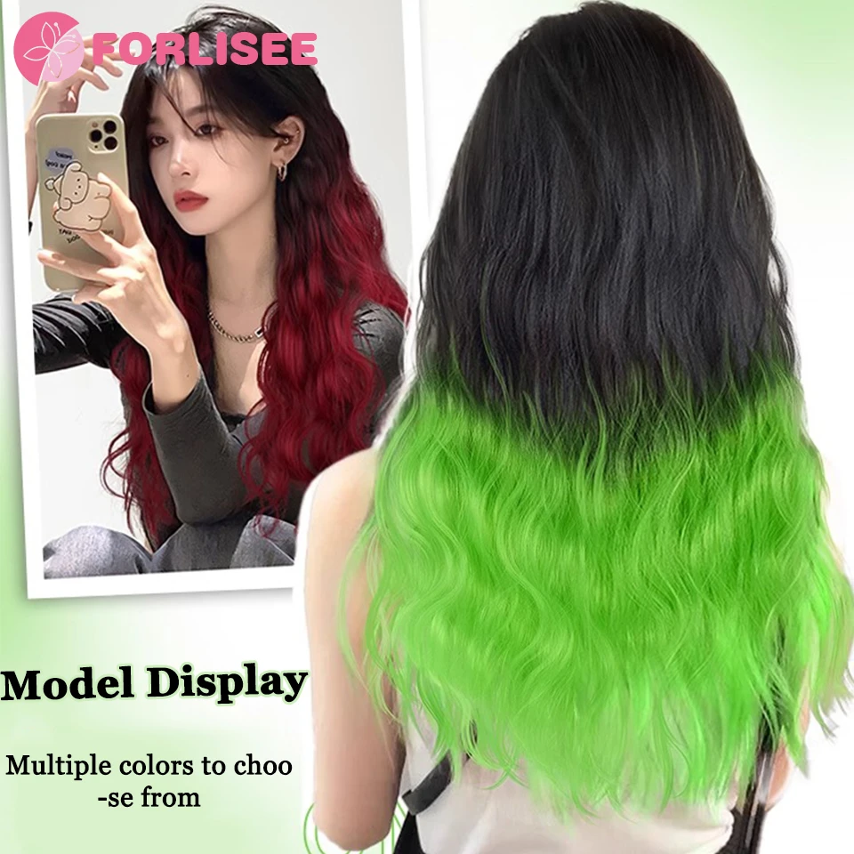 FORLISEE-Peluca de pelo largo y rizado para mujer, pelo sintético degradado verde fluorescente, aumento de volumen, patrón de onda de agua esponjosa, piezas