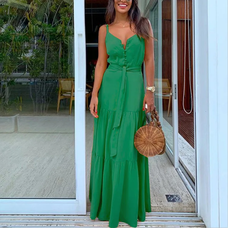 Women Green Maxi Dress Sexy V Neck Button Lace Up Ruffles Elegant  Boho Party Vacation Dresses Vestidos Body Espalda Descubierta