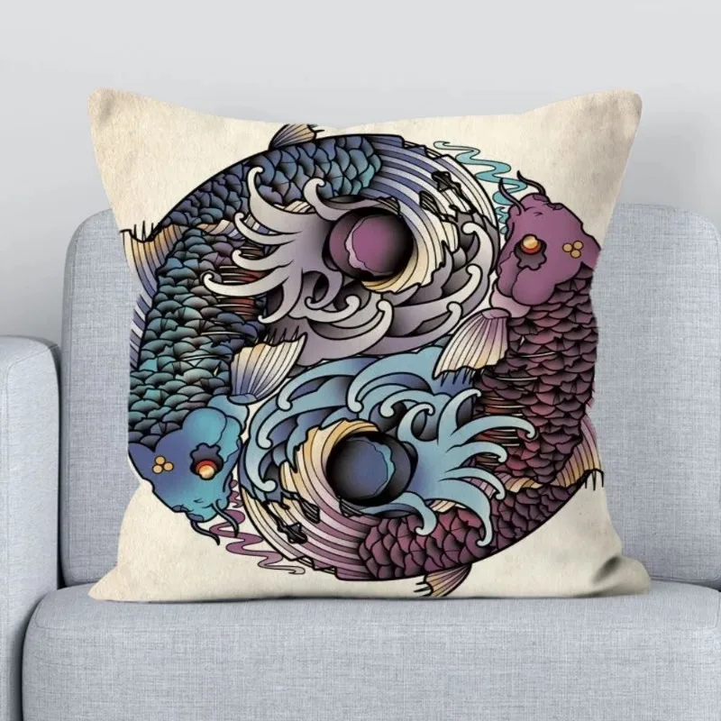 Japanese Koi Yin Yang Art Cushions for Decorative Sofa Cover for Pillow Pillowcase Decor 40x40 Couch  Pillowcases 50x50