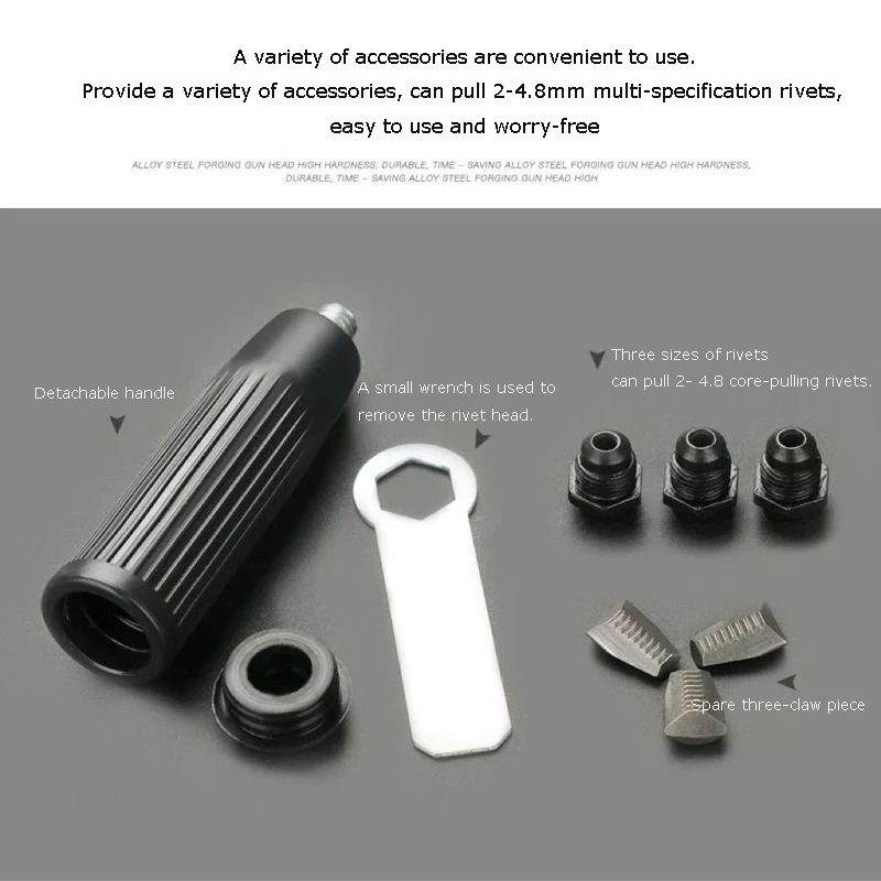 Pistola remachadora eléctrica con boquilla de 6,4 MM, cabezal de conversión de 8MM, pistola remachadora, remache de uñas, taladro electromecánico de 4,0mm-6,4mm