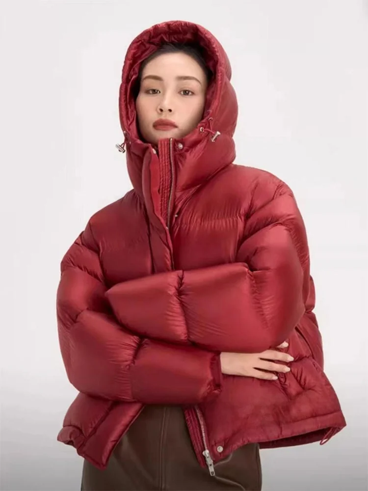 

Женская утепленная куртка-пуховик из гусиного пуха, свободного кроя, с капюшоном, однотонная, модная, теплая, с длинными рукавами, укороченная, на молнии