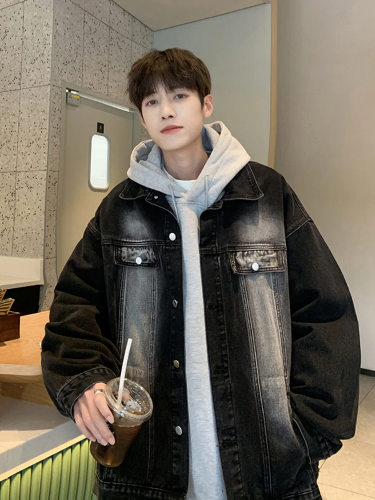 

Waed Denim Jaet Men's Autumn Workwear Hip Hop Sle Casual Loose Fit American Sle adient Pattern Single Button Closure