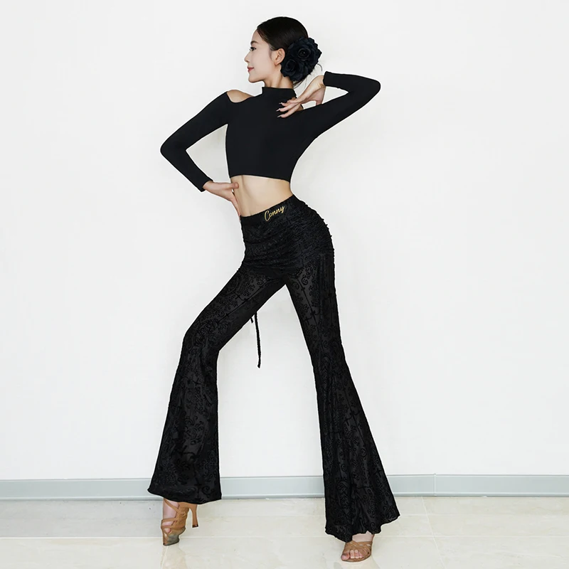 

Adult Latin Dance Training Clothes Latin Dancewear Top Women Black Bell-Bottom Pants Cha Cha Rumba Dancer Practice Clothes 2434