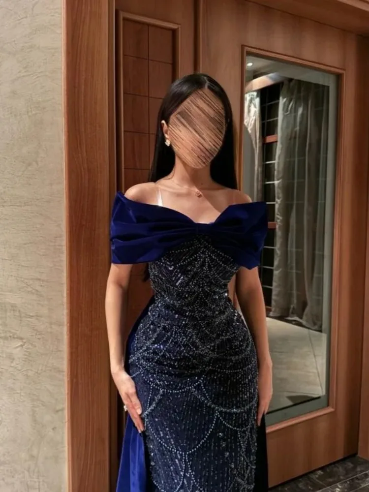 Shiny Navy Blue Prom Dresses Off Shoulder Velvet Sweetheart Floor Length Formal Evening Party Gown Cocktail Dress image 3