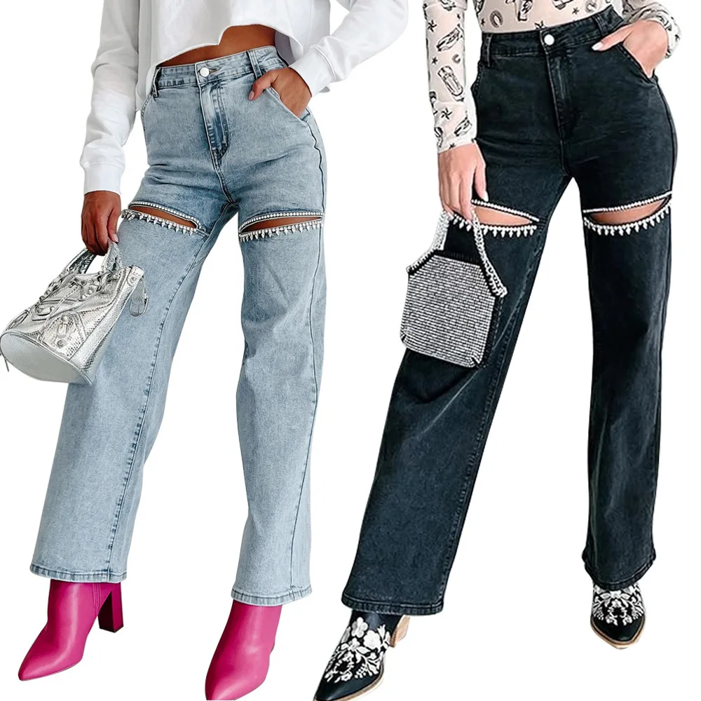 

D8725 Four Seasons Wear European and American Fashion Women's Wear Washed Multi Pocket Open Hand Drilled Washed Jeans