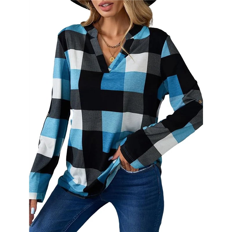 

ABRT-Womens Basic Casual V Neck Plaid Print Cuffed Long Sleeve Work Tops Blouses Shirts