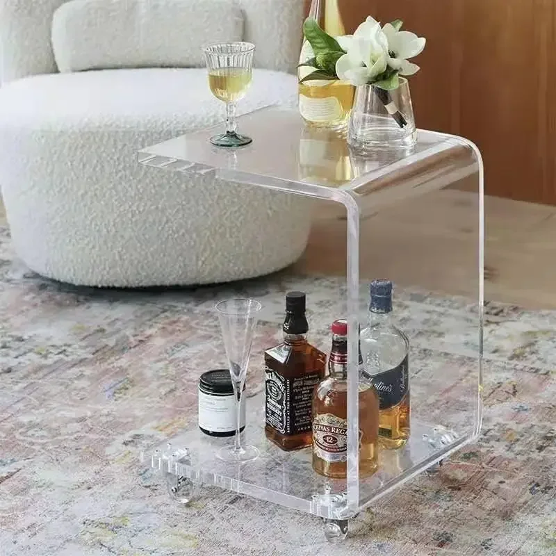 INS Acrylic Sofa Bedside Table  Luxury Transparent with Roll Wheel Movable Small Table L-type Snack Tea Side Table