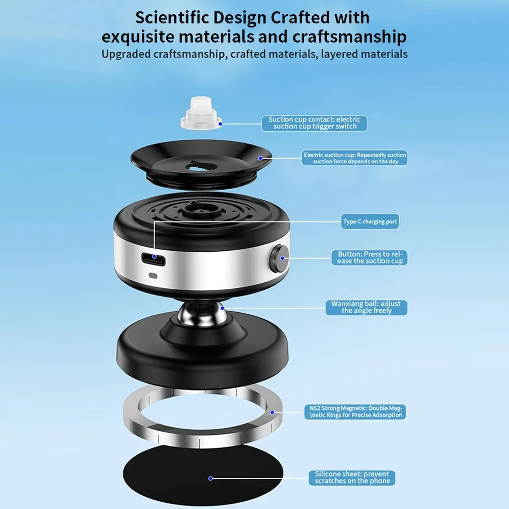 BLP-Car Magnetic Vacuum Phone Holder 360° Swivel Wireless Charging Bracket Dashboard Support GPS in Car For iPhone15 Samsung