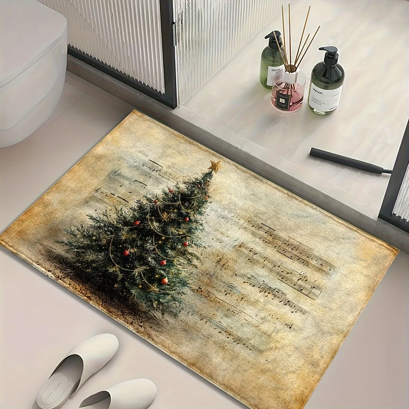 Vintage Christmas Tree and Music Score Winter Holiday Decorations Accessories Bathroom Non-silp Doormat Suitable for Living Room