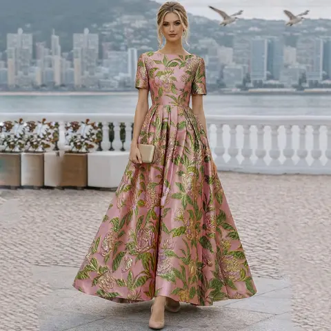 Customized A-Line Floor Length Formal Dresses Cocktail Dresses Elegant Short Sleeve Crew Neck Wedding Cocktail Party Dress