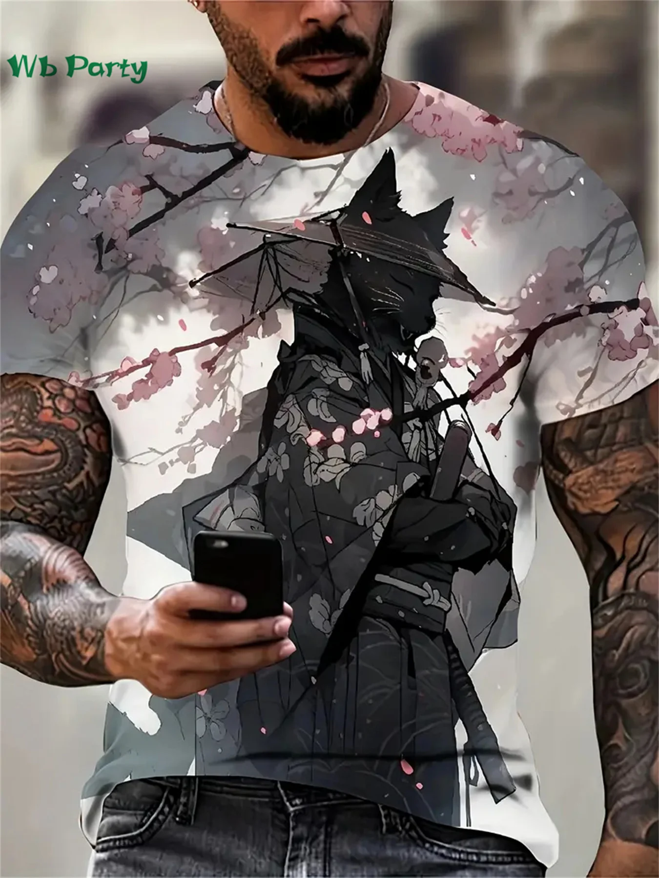 Japanese 3D Samurai Cat Pattern Men's T-Shirt Fashion Short Sleeve T-Shirt Oversized Harajuku Tops Summer Men's Casual Clothing
