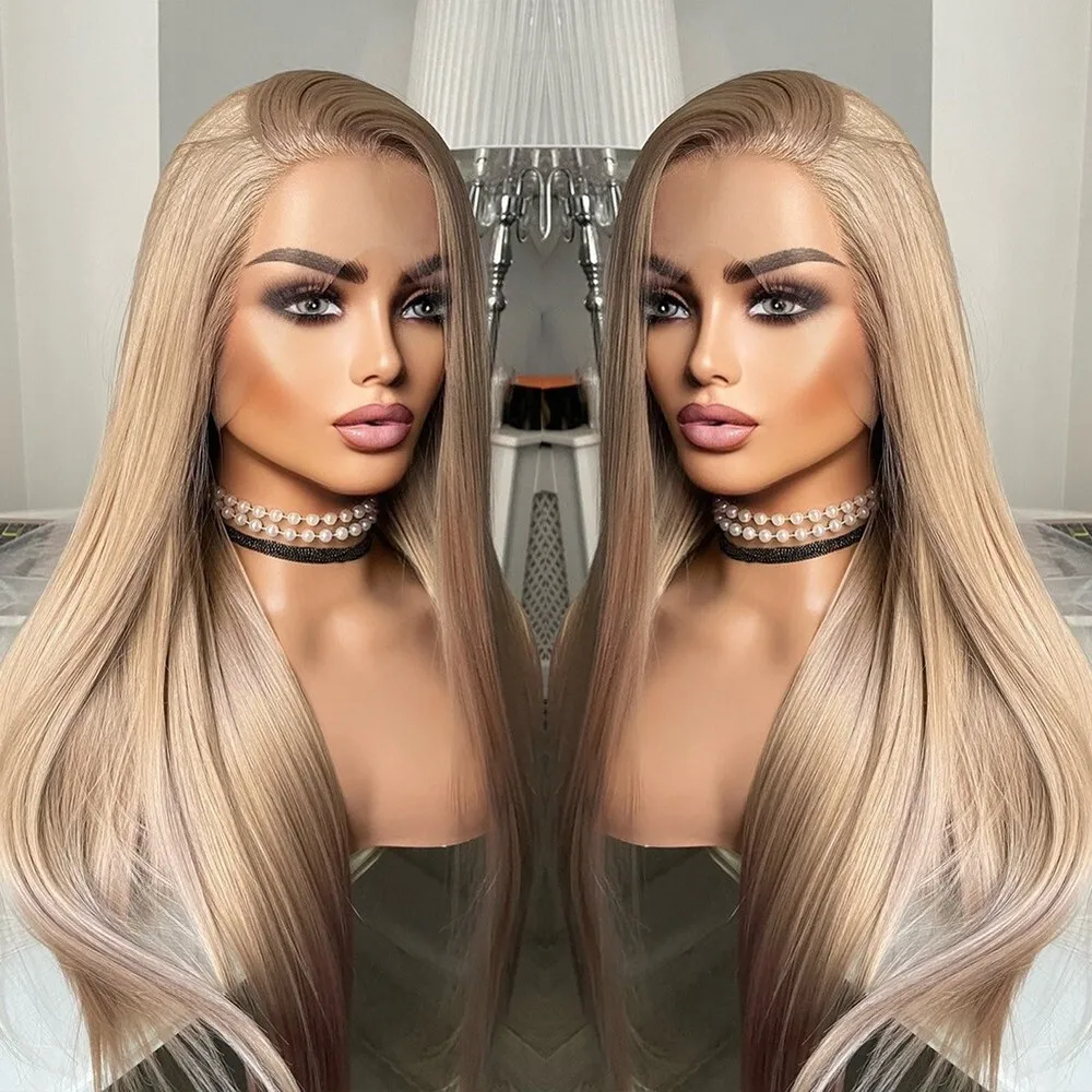 شعر مستعار صناعي أشقر مقاوم للحرارة بدانتيل أمامي بطبقات طويلة مستقيمة #4