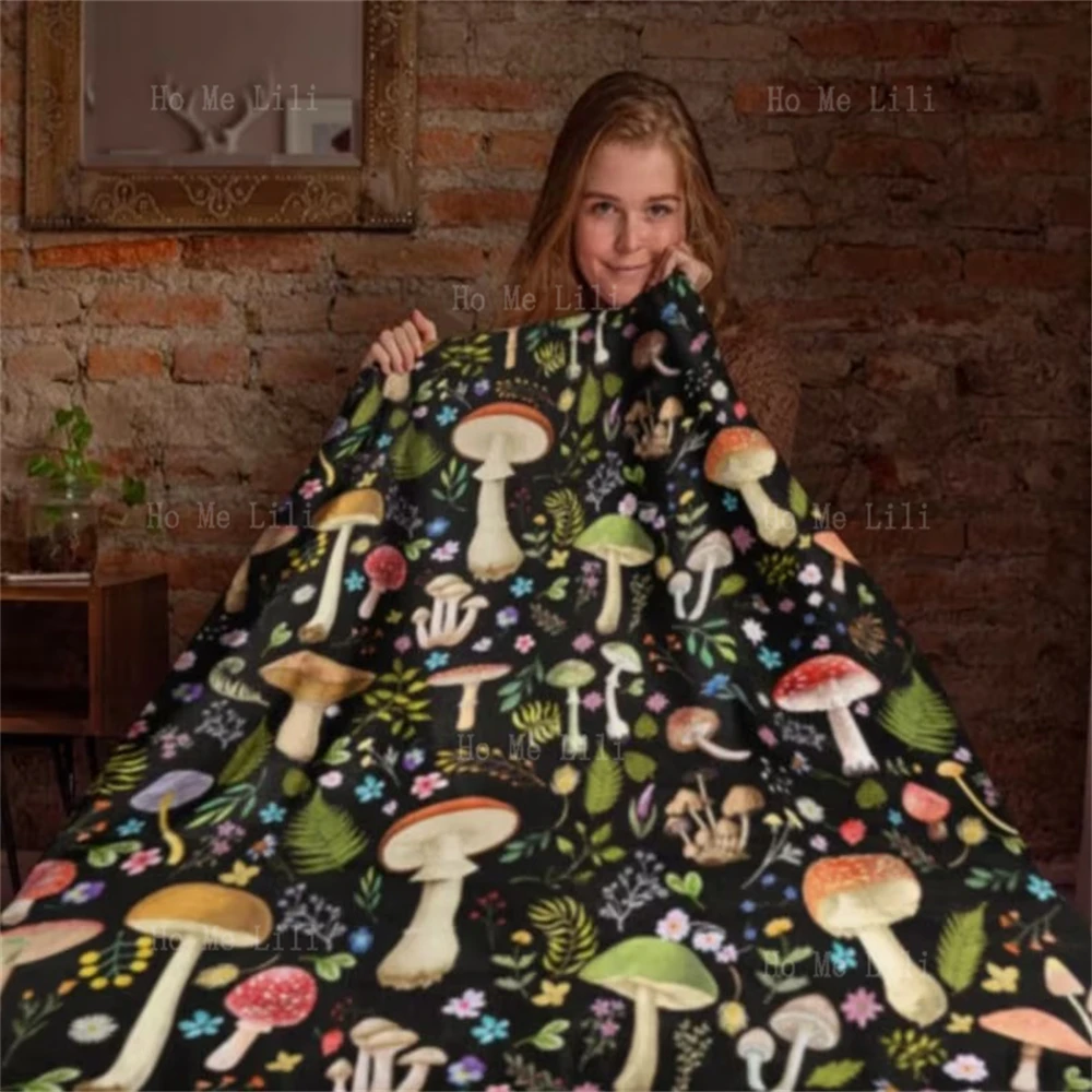 Beautiful Cottage Floral Illustration Retro Forest Mushroom Blanket