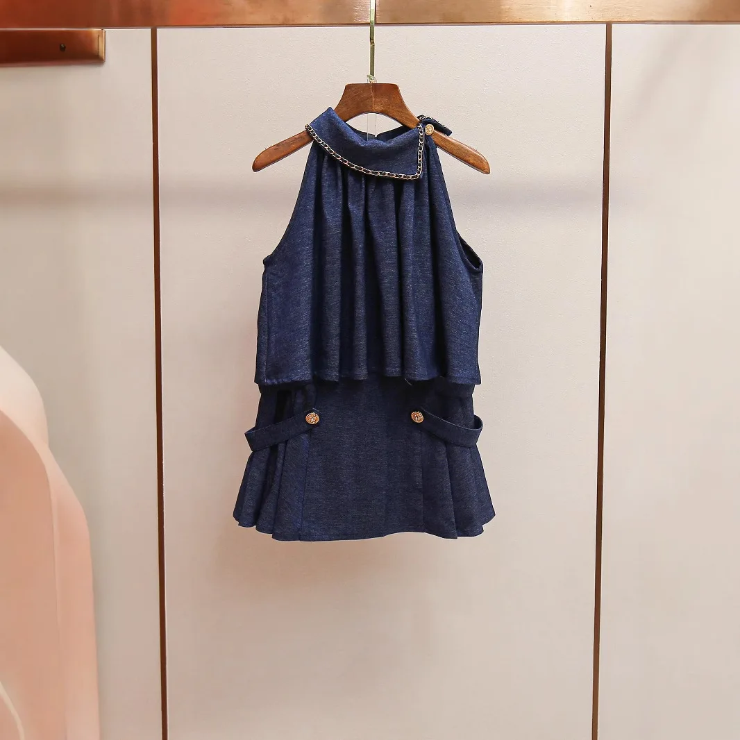 

Летний новый винтажный комплект: укороченный топ с завязками на шее и юбка, британский джинсовый костюм, модная женская одежда для повседневной носки и спорта