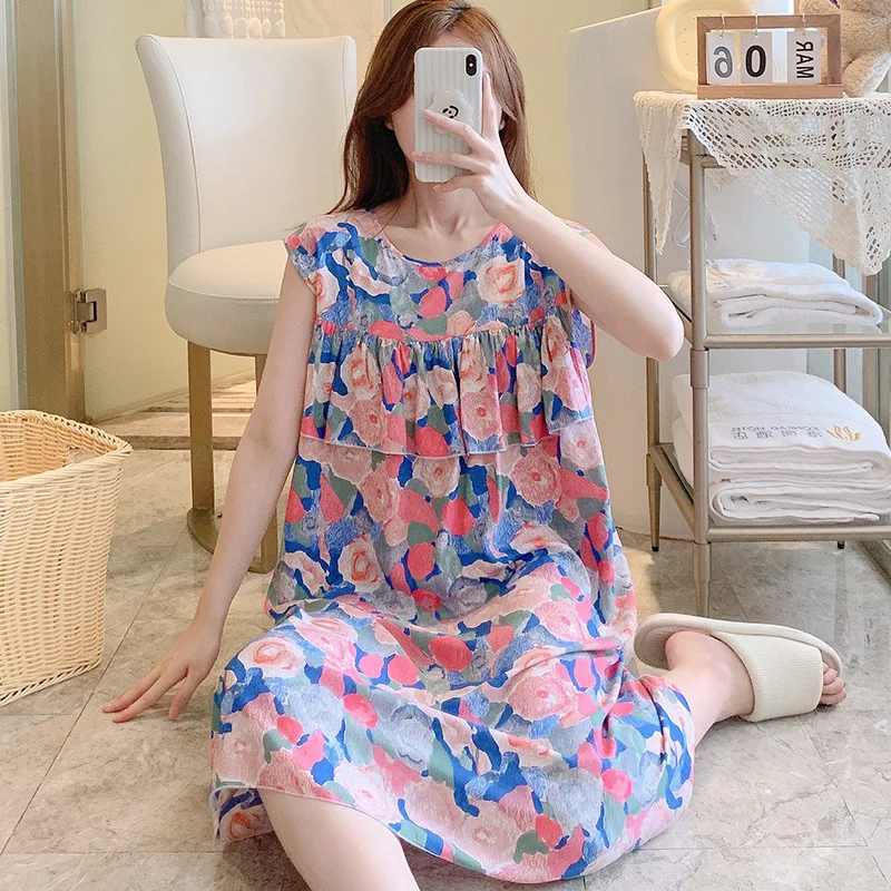 Women Viscose Nightgowns Round Neck Pajama Dress Floral Sleepdress Nightshirt Nightdress Sleeveless Sleepwear Casual Sleepshirt