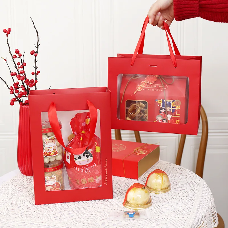 

5 10 20 PCS New Year Red Gift Bag Christmas Open Window Tote Package Moon Cake Holiday Party Paper Wrapping Wholesale Pastry