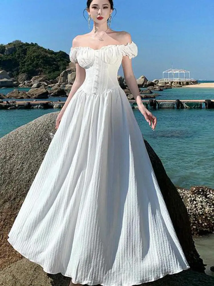 

Summer 2025 Vintage White Elegant Off Shoulder Short Sleeve Long Dress Women Backless High Waist Vacation Pleated Evening Dress