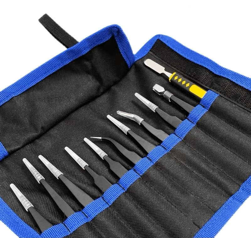 10/11pcs Set Industrial Tweezers Anti-static ESD Stainless Steel Precision Curved Straight Tweezers Repair Maintenance Tools