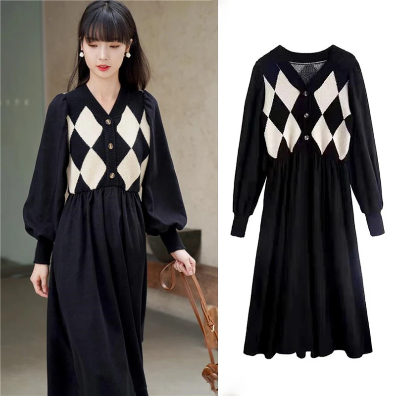 Women's Vintage Long Sleeve V Neck Knitted Patchwork Dress, Elegant and Pretty, Autumn and Winter Clothing, SL546