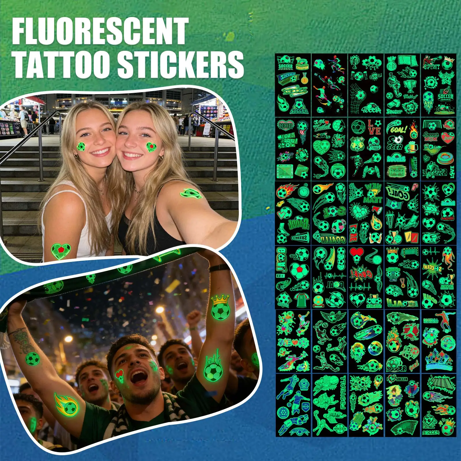 10pcs Glow in the Dark Soccer Themed Stickers Sheet Set Temporary Body Tattoo Stickers Removable Waterproof Vinyl Decals