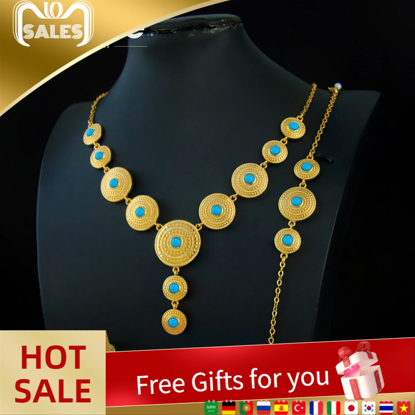 

Luxury Dubai Gold Color Wedding Jewelry Set 21k Gold Plated Ethiopia Turquoise Fashion Necklace Arabic Women Event Party Jewelry