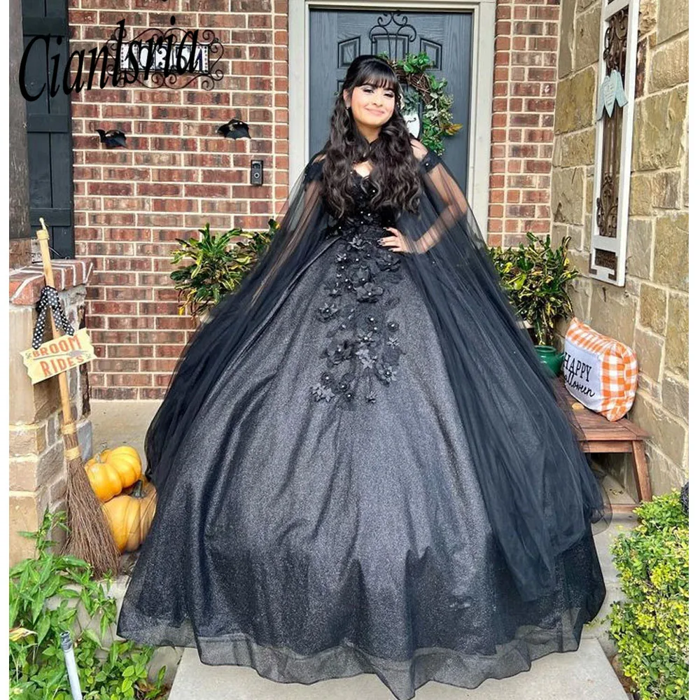 

Black Quinceanera Dresses With Wraps Sweetheart Lace Crystal Beaded Sweet 16 Years Formal Pageant Gowns