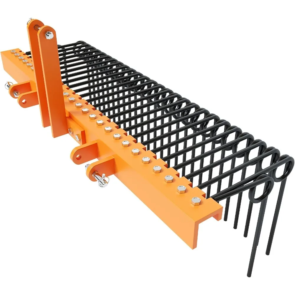 Rastrillo de paisaje de tractor de 3 puntos, limpiador de residuos de paja de pino y patio, Compatible con enganche Cat 0/1, cuchillas de acero con recubrimiento en polvo, naranja