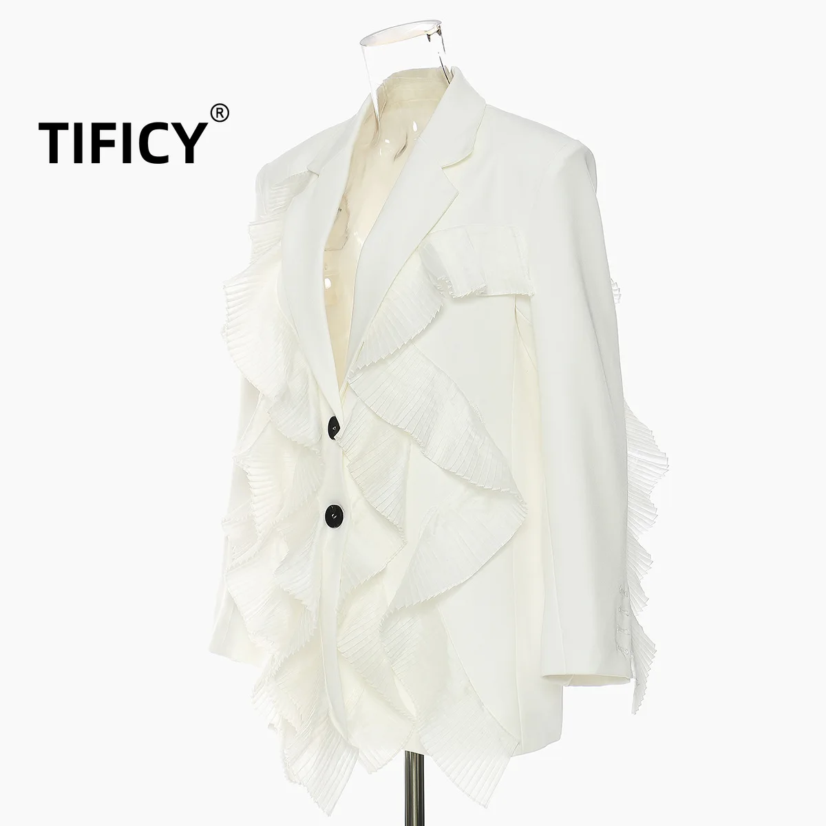 Tificy Autumn Blazers Women's Ultra Heavy Duty Patchwork Pleated Fairy Style Casual Suit Jacket Top