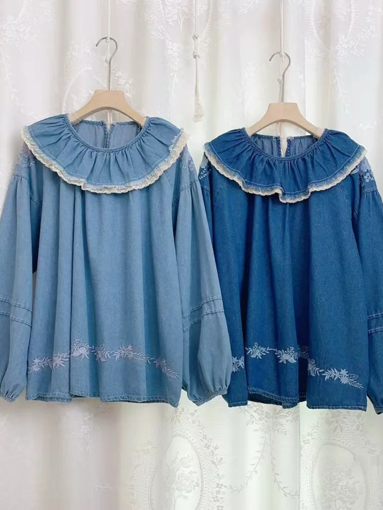 

Retro Japanese Sle Long Sve Embroidered Denim irt Loose Casual Collar Doll irt Sweet Sle Cotton Summer Top