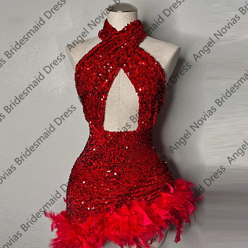 

Мини-красные платья для выпускного вечера с бретелькой на шее и перьями, индивидуальные платья Vestidos De Gala, выпускные платья для дня рождения