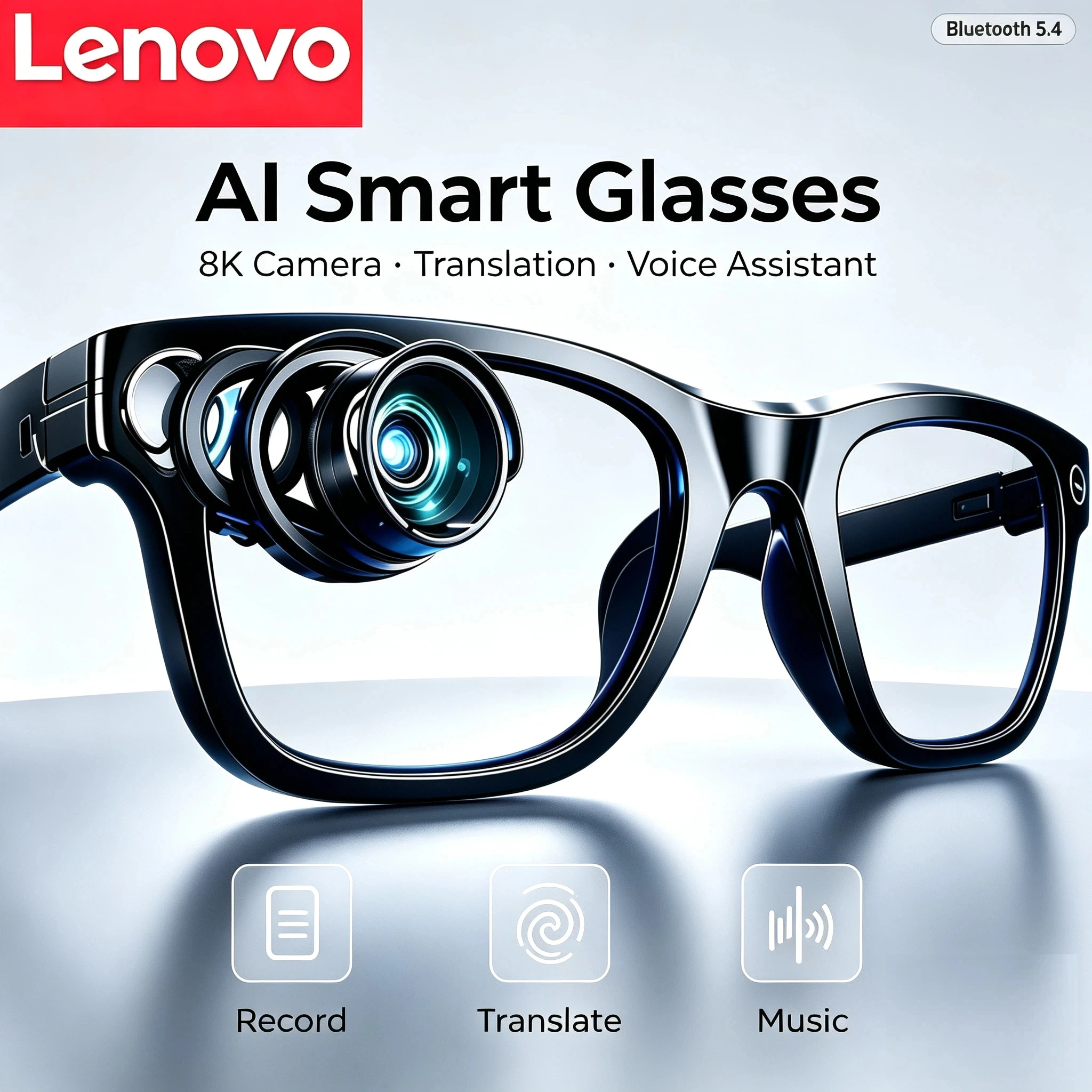 Lenovo Bluetooth AI Smart Glasses 8K HD Intelligent Recording Remote Control Translator Voice Assistant Camera Touch Glasses
