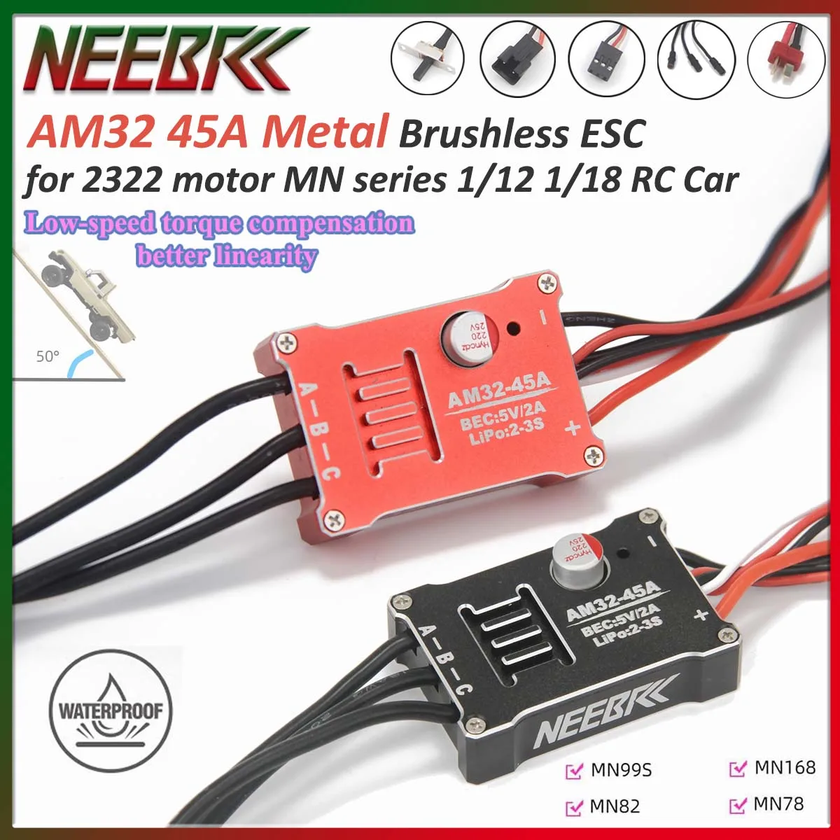 Neebrc am32 45a à prova dwaterproof água sem escova metal esc 2-3s para 2322 motor mn82 mn99s mn168 mn78 1/12 1/18 rc carro atualização peças de energia