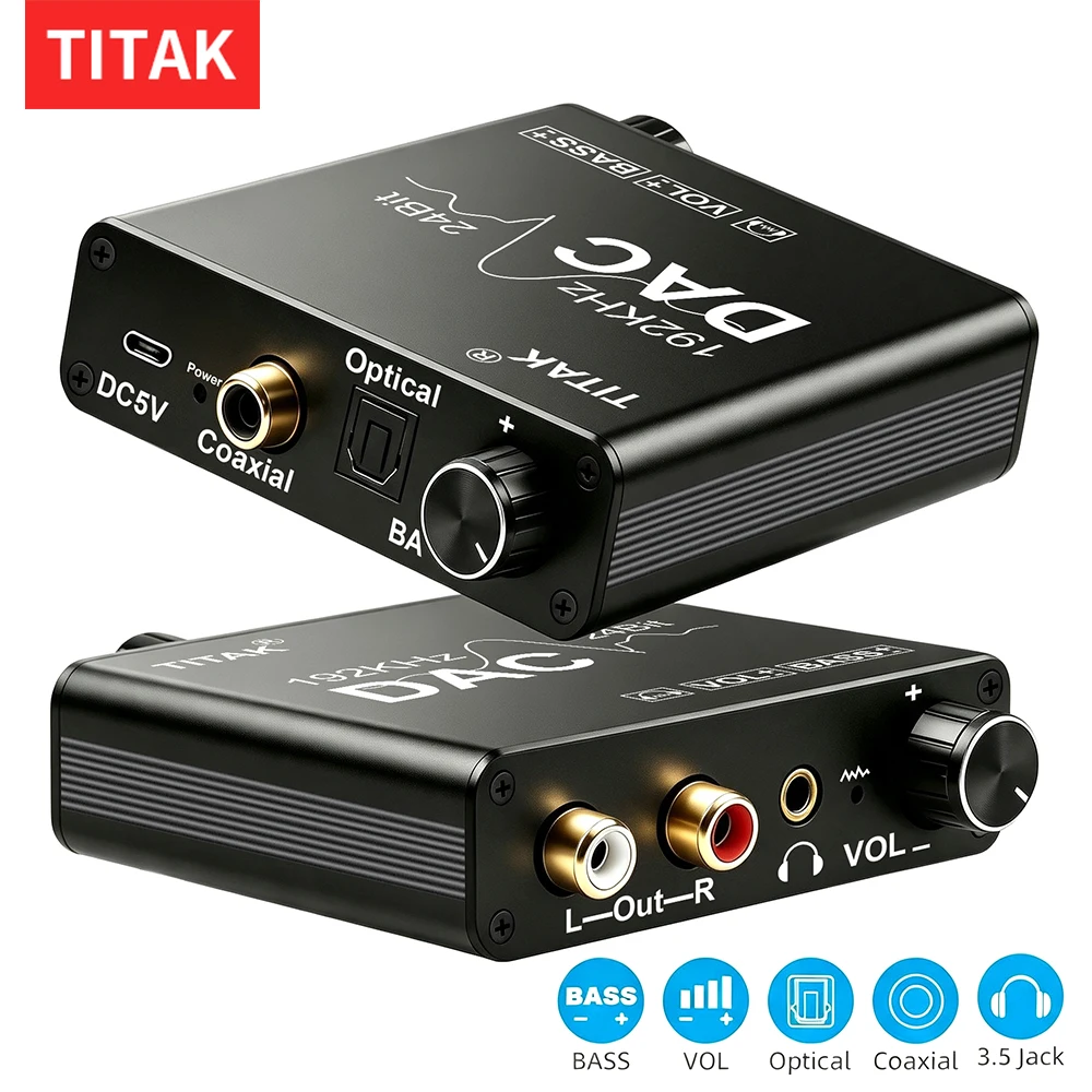 Digital to Analog Audio Converter 192KHz DAC Digital SPDIF Coaxial Optical to L/R RCA Audio Adapter with Bass and Volume Control