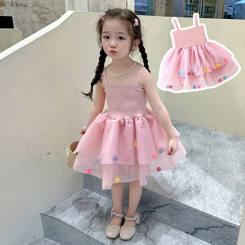 (0-3 Years Old) Baby Girl Dress, Summer Mesh Full Of Colorful Fur Ball Princess Dress For Kids Girl Korean Version Of Girl\'S Bir