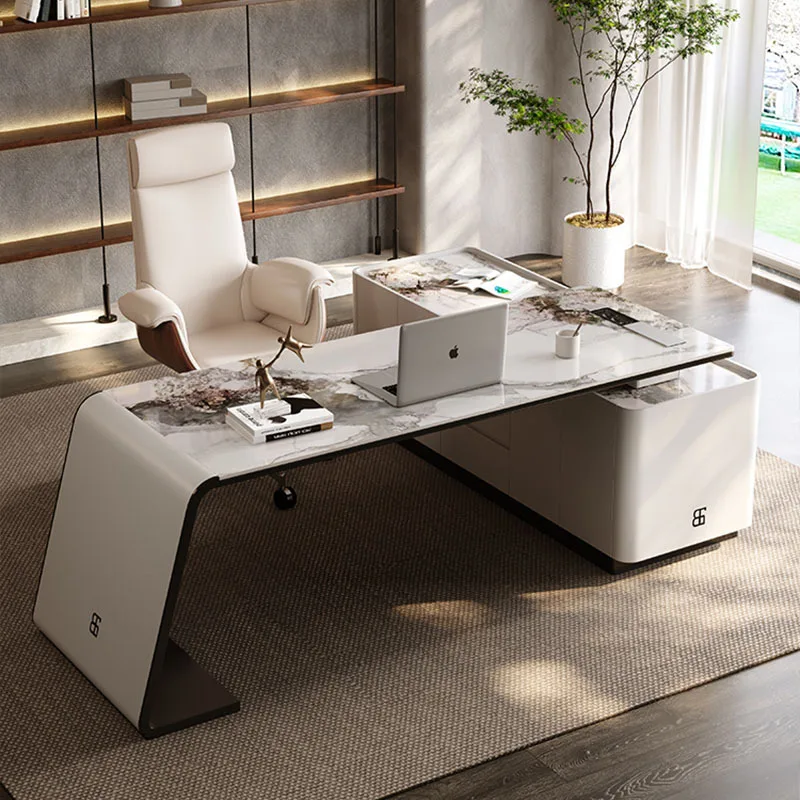 Italian minimalist boss's desk is light and luxurious. Modern corner rock plate computer desk is high-end study, desk, chair, pr