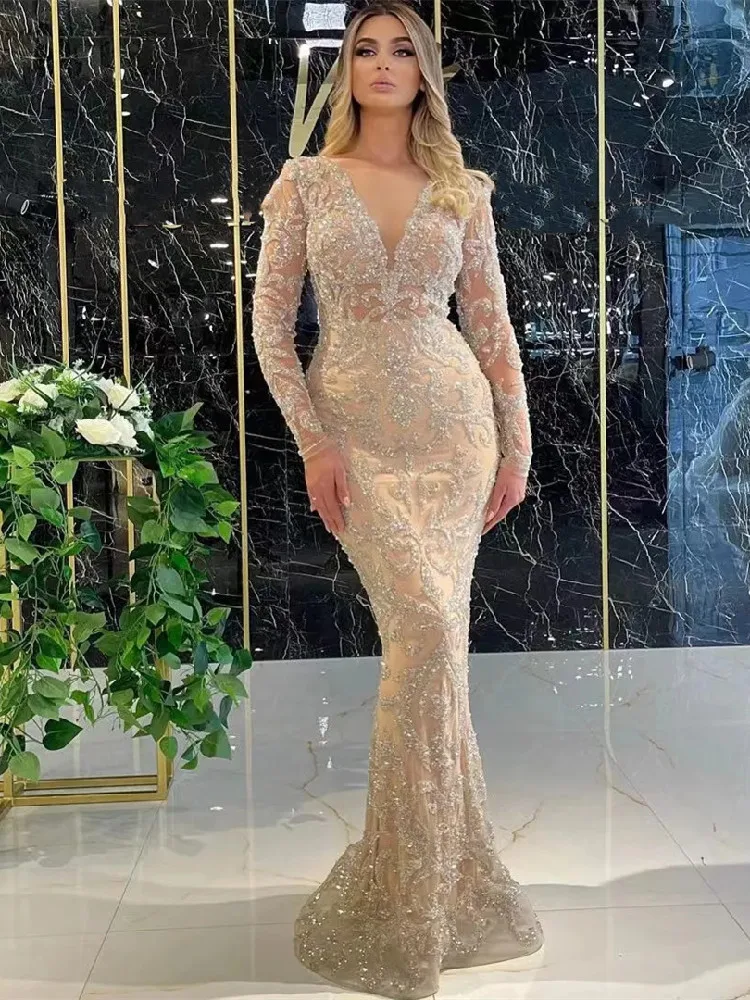 

Champagne Mermaid Evening Dresses V Neck Long Sleeves Sequins Beaded 3D Lace Hollow Sexy Appliques Prom Dresses Custom Made