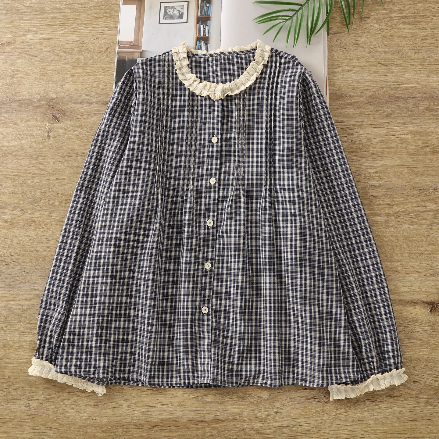 

Bust 108cm Mori Kei Clothing Japan Style Cotton Lace Stand Collar Checkered Shirts and Blouses Women's Plaid Shirts