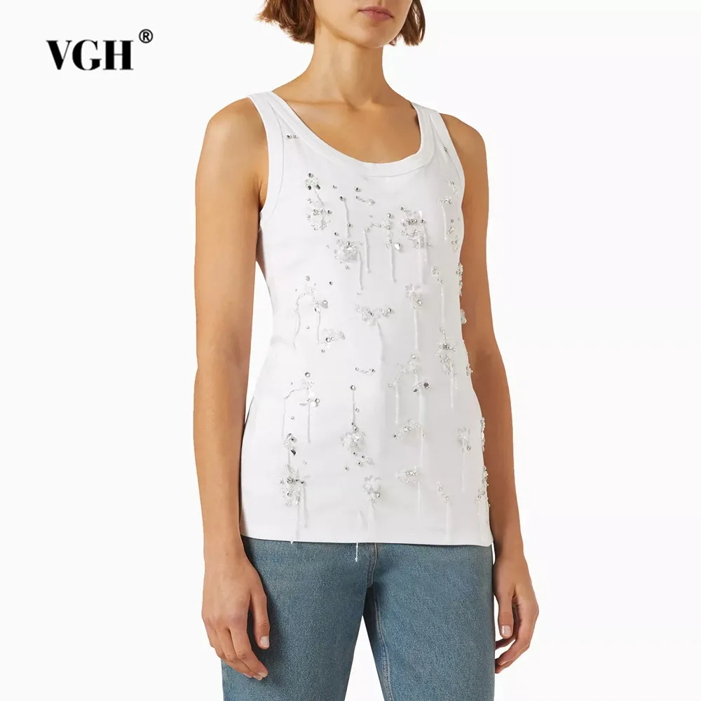 

VGH Solid Patchwork Diamonds Minimalist Vest For Women Round Neck Sleeveless Slimming Casual Vests Female Fashion Style Clothes