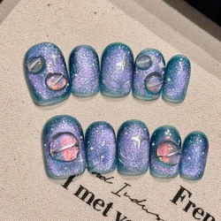 10Pcs Blue Handmade Cat Eye Press on Nails Short Gemstone Wearable Rhinestone False Nails Decoration Glitter Manicure Nail Tips