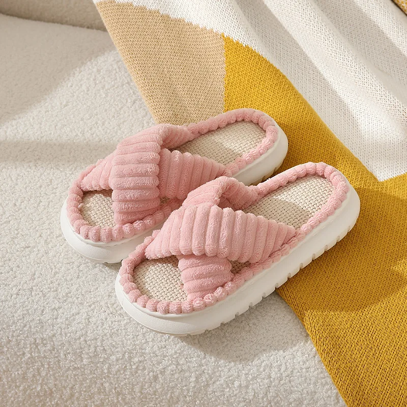 2024 Autumn Winter New Women Home Slippers Open-Toe Cross Band Linen Soled Indoor Slides Linen Soled Non-Slip Bathroom Slippers