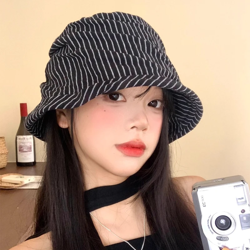 

Harajuku Striped Pleated Design Bucket Hats Women Summer Autumn Thin Breathable Sunscreen Casual Retro Japanese Men's Caps