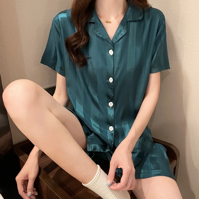 Silk Pajamas Women Summer Short Sleeve Shorts Suit Solid Satin Thin Ladies Large Size Casual Luxury Cardigan Homewear Sexy Pjs